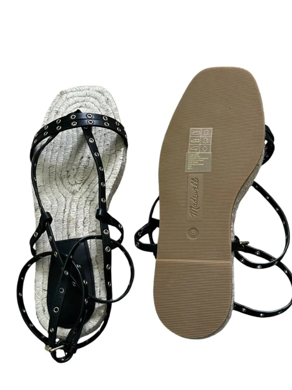 Madewell Mira Espadrille Thong Sandal Ankle Wrap Grommet Leather Black SZ 8 NWOT